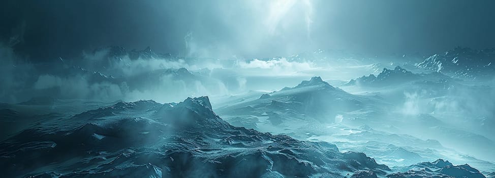 Digital art of misty futuristic landscape with dramatic mountains under glowing bright sky for graphic design backgrounds.