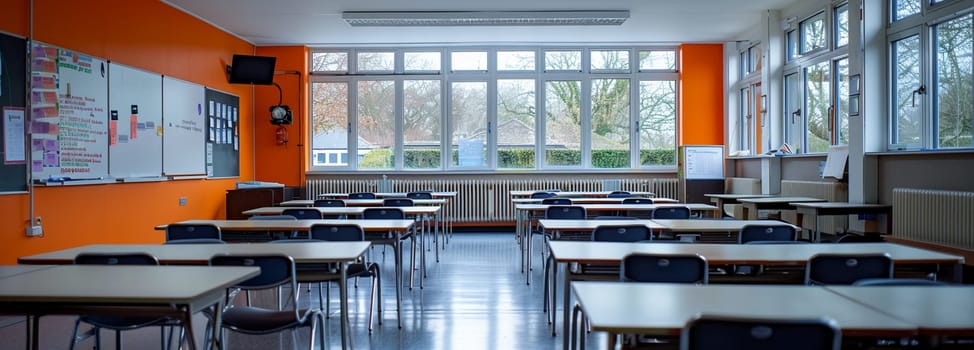 Bright classroom with empty seats, blackboard, and educational posters. Digital devices and large windows in modern school setting.