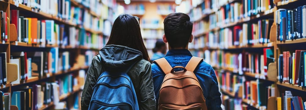 Back view of male and female students with backpacks exploring rows of books in school library for academic research and study materials.