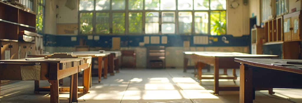 Empty school classroom bathed in sunlight with rows of wooden desks, chalkboard, and expansive windows creating serene academic atmosphere.