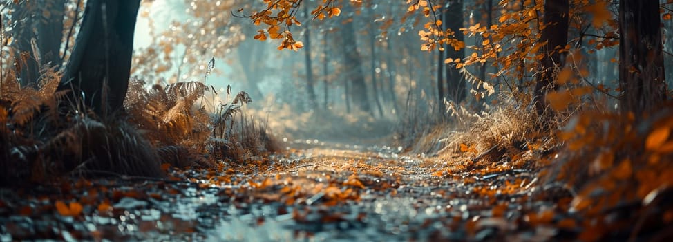 Serene autumn forest landscape with golden leaves and sunlit path inviting exploration. Perfect for seasonal backgrounds and nature designs.