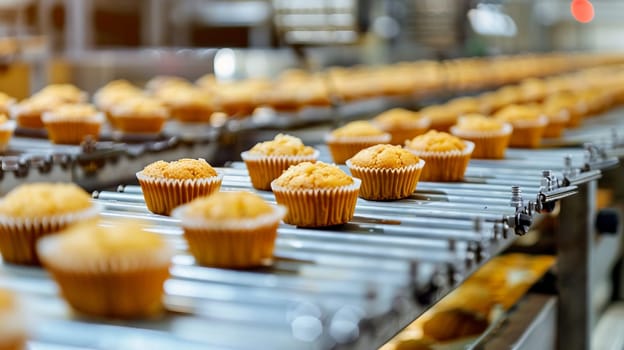 Close-up of freshly baked muffins lined up on conveyor belt inside industrial bakery. Concept of food production, bakery industry, and automated baking process.