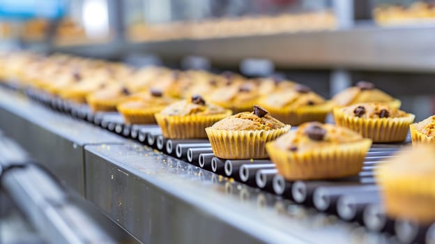 Industrial bakery production line with fresh baked muffins. Automated food manufacturing process with sweet treats on conveyor.