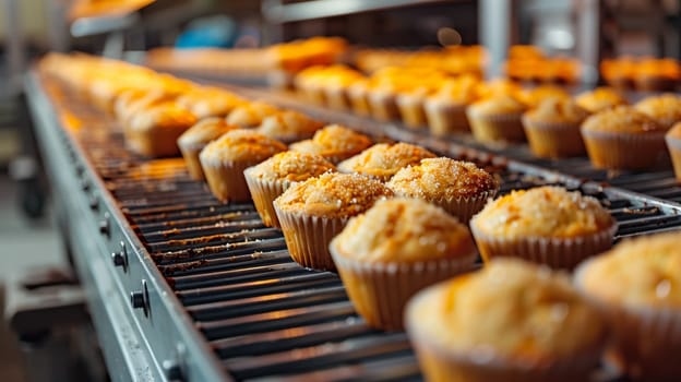 Fresh muffins moving on conveyor belt in industrial bakery production. Automated food machinery process in factory.