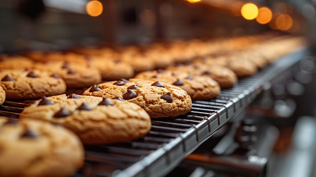Close-up of chocolate chip cookies cooling on conveyer belt in commercial bakery production. Industrial food process and automated technology.
