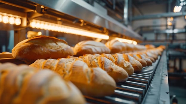 Close-up of French baguettes in commercial baking production line illuminated by warm light showcasing industrial food manufacturing.