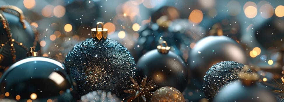 Close up of sparkling Christmas ornaments in snow-covered winter landscape, conveying holiday cheer and festive decoration.