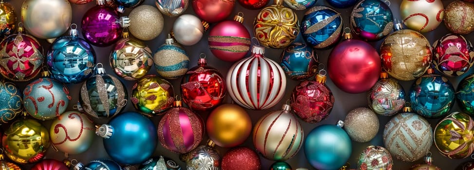 Close-up view of colorful Christmas ornaments in festive holiday arrangement, ideal for seasonal graphic design backgrounds.