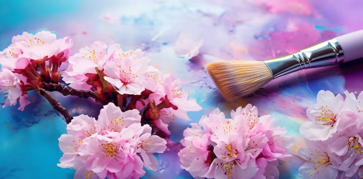 A bright painting in lilac-turquoise tones with a blooming sakura branch and a brush on the table, the beauty of flowering plants for a still life, Generated AI