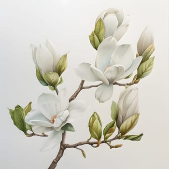A branch of a flowering plant with white petals and green leaves, resembling a delicate painting. It is often associated with funerals and symbolizes renewal and beauty