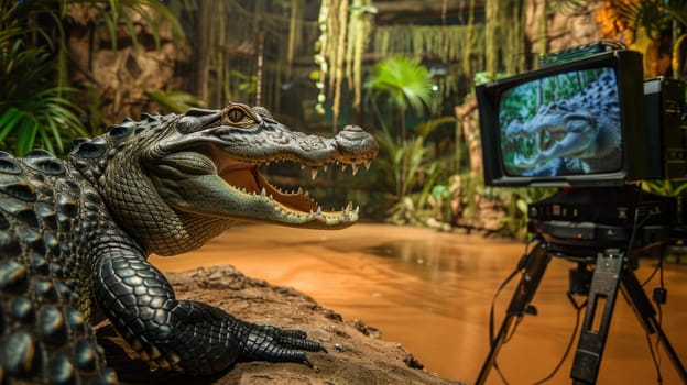A Crocodile is wearing a suit and tie while sitting in front of a television. Its jaw, fangs, snout, and scaled reptile features are visible AI