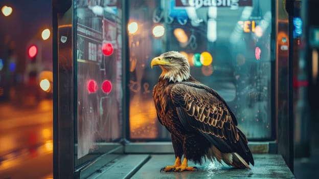 Bald Eagle stands majestically on a bus stop AI