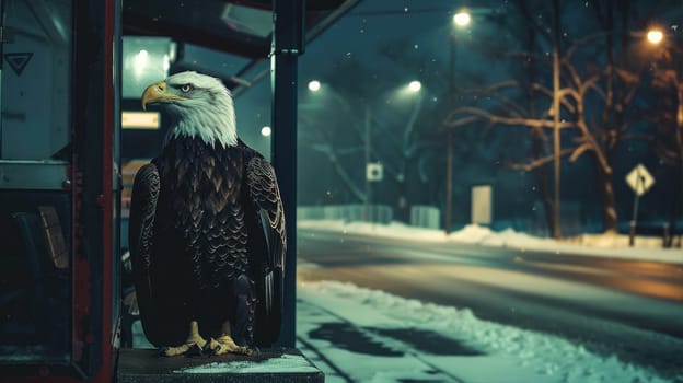 Bald Eagle stands majestically on a bus stop AI