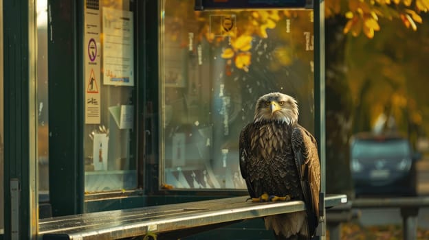 Bald Eagle stands majestically on a bus stop AI