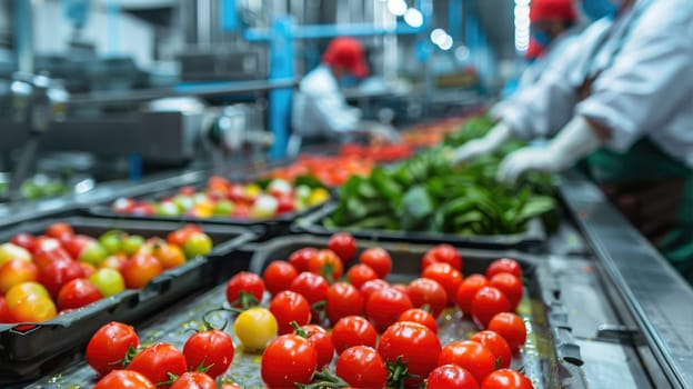 A conveyor belt in a factory transporting a variety of vegetables including plum tomatoes, cherry tomatoes AI