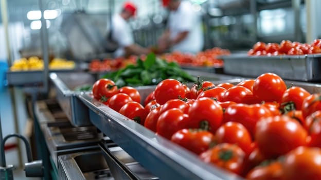 Various types of tomatoes are lined up on a kitchen conveyor belt. These natural foods are versatile ingredients in cooking. AI