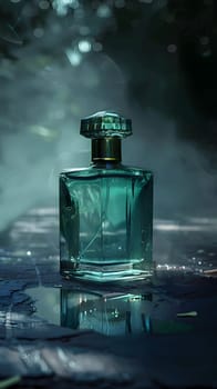 A glass bottle of perfume is sitting on a table in the dark, containing a solution of liquid. The bottle is filled with a fragrant fluid