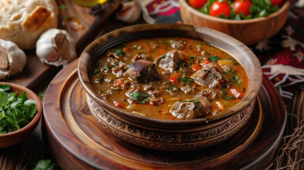 A stew made with vegetables served in a wooden dish AI