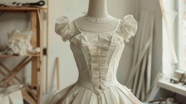 A wedding dress, which is a onepiece garment, is displayed on a mannequin in the room. The white retro dress is perfect for a bridal party or special day AI