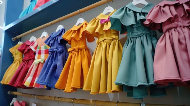 A variety of vibrant dresses made from different textiles are displayed on clothes hangers on a fixture in a fashion design store AI