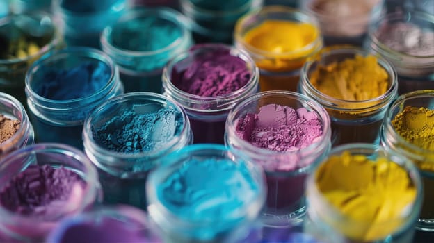 The jars contain a variety of colorful powders including purple, pink, magenta, violet, and electric blue. These powders can be used as ingredients in paint or drinks AI