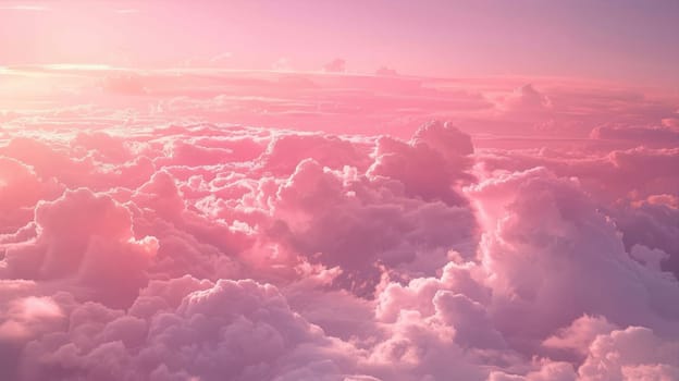 A calm dusk landscape with pink cumulus clouds in the sky, illuminated by the sunlight at sunset, creating a beautiful atmospheric phenomenon in the atmosphere AI