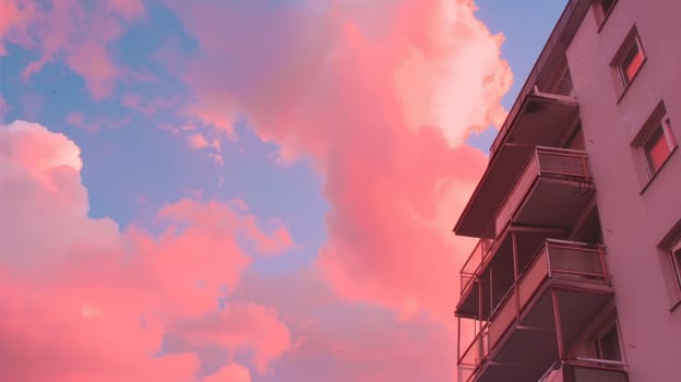 A colorful building with balconies stands out against a pink cloudy sky during sunset, creating a vibrant atmosphere with hues of orange and red in the afterglow AI