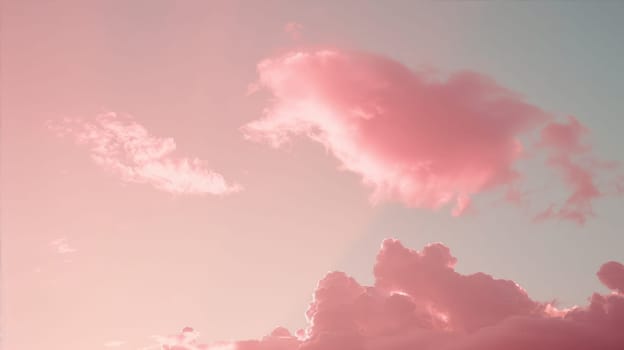 A calm dusk landscape with pink cumulus clouds in the sky, illuminated by the sunlight at sunset, creating a beautiful atmospheric phenomenon in the atmosphere AI