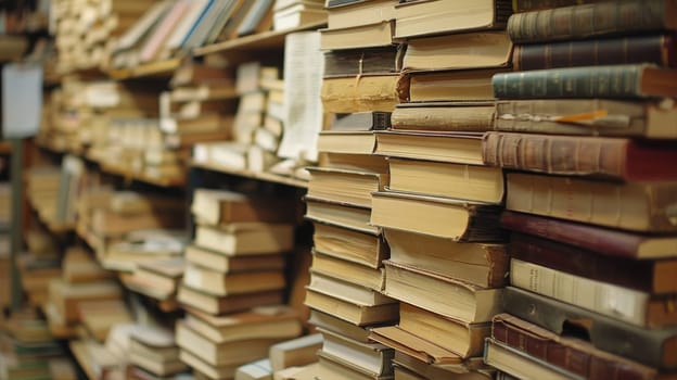 Shelves with a lot of retro books. Books are scattered in a chaotic order. Library or bookstore AI