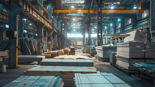 Production of building materials at the factory. Industrial background AI