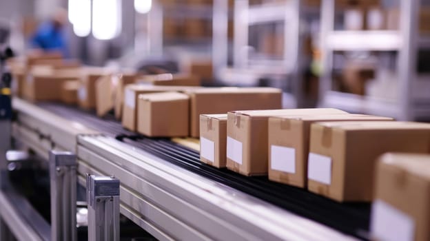 Cardboard boxes on a conveyor belt. Delivery, packaging production AI