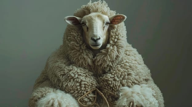 A sheep sits on a pile of wool in a pasture, its fur and snout visible as it gazes at the camera AI