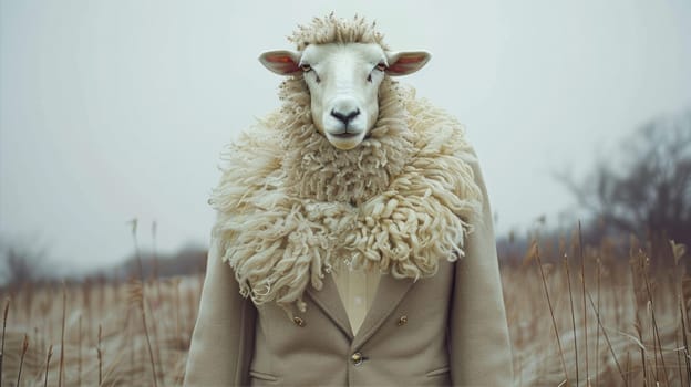 A sheep is standing in a grassland field wearing a jacket AI