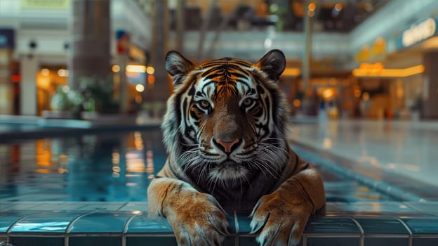 Bengal tiger is resting by the water at a mall pool AI