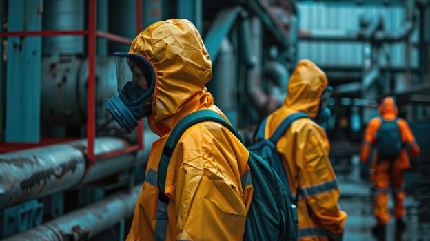A team wearing yellow hazmat suits makes their way down the hallway, prepared for any hazardous conditions that may arise during their mission. AI