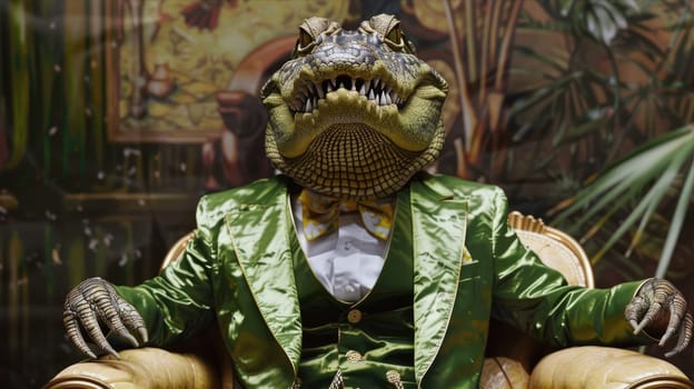 A crocodile in a suit sits in a chair AI