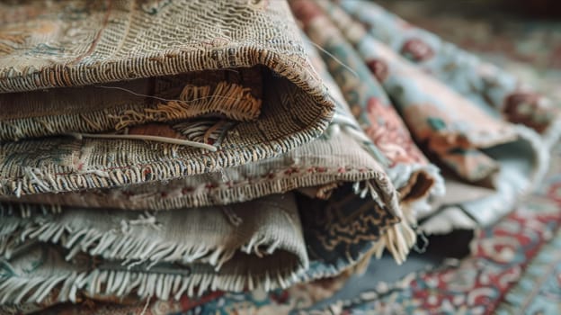 A stack of wool rugs in shades of grey are piled on a wooden floor. A closeup reveals the intricate patterns and wrinkles in the fabric AI