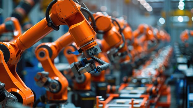 A row of robots are efficiently working in an engineering factory AI
