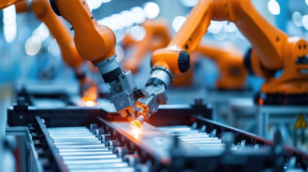 A row of robots are efficiently working in an engineering factory AI
