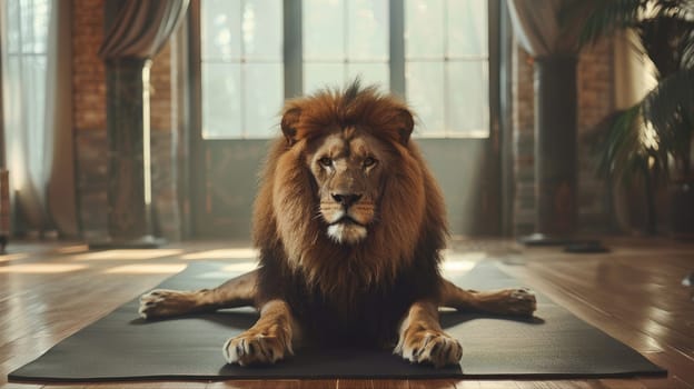 Lion is laying on a yoga mat in a room. Sport concept AI