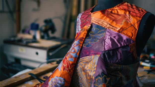 Patchwork bright dress on a black mannequin. Individual tailoring to order AI