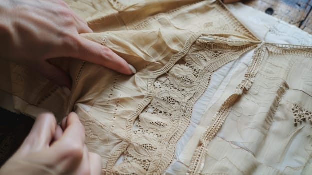 A person is delicately feeling the soft beige lace fabric, admiring its intricate pattern AI