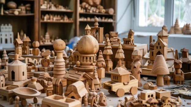 A table filled with wooden elements for toys. Handmade toys production in workshop AI