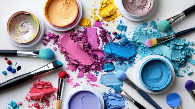 A collection of vibrant eye shadows and makeup brushes strewn across a clean white surface, creating a colorful display resembling an artistic palette AI