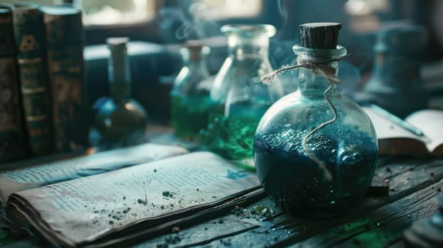 A glass bottle with smoke coming out of it sits on a wooden table. Potions and witchcraft concept