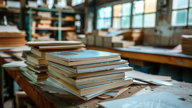 A stack of books on a wooden bookcase shelf AI