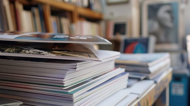 A stack of magazines on a wooden bookcase shelf AI
