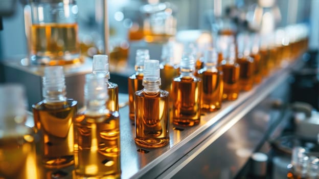 A conveyor belt filled with amber glass bottles of yellow liquid or oil, moving towards packaging AI