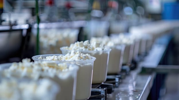 Plastic cups filled with cottage cheese moving along a conveyor belt in a food factory, a key ingredient for various sweet and savory dishes AI