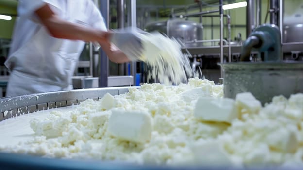 Cottage cheese in a food factory, a key ingredient for various sweet and savory dishes AI